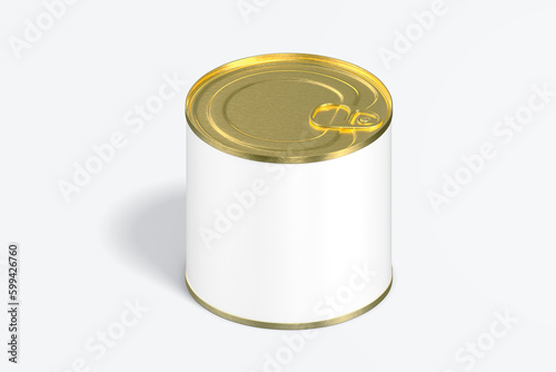 Blank tincan gold metal Tin Can with key, canned Food. Isolated on white background. Mockup. , 3D illustration, 3D rendering.