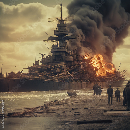 A ship being bombed, D-day, world war 1, world war 2. Despair, sadness, hopelessness