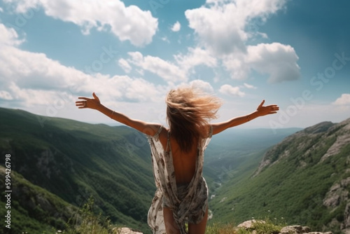 a young adult woman with outstretched arms in the mountains, summer day, fictional place. Generative AI