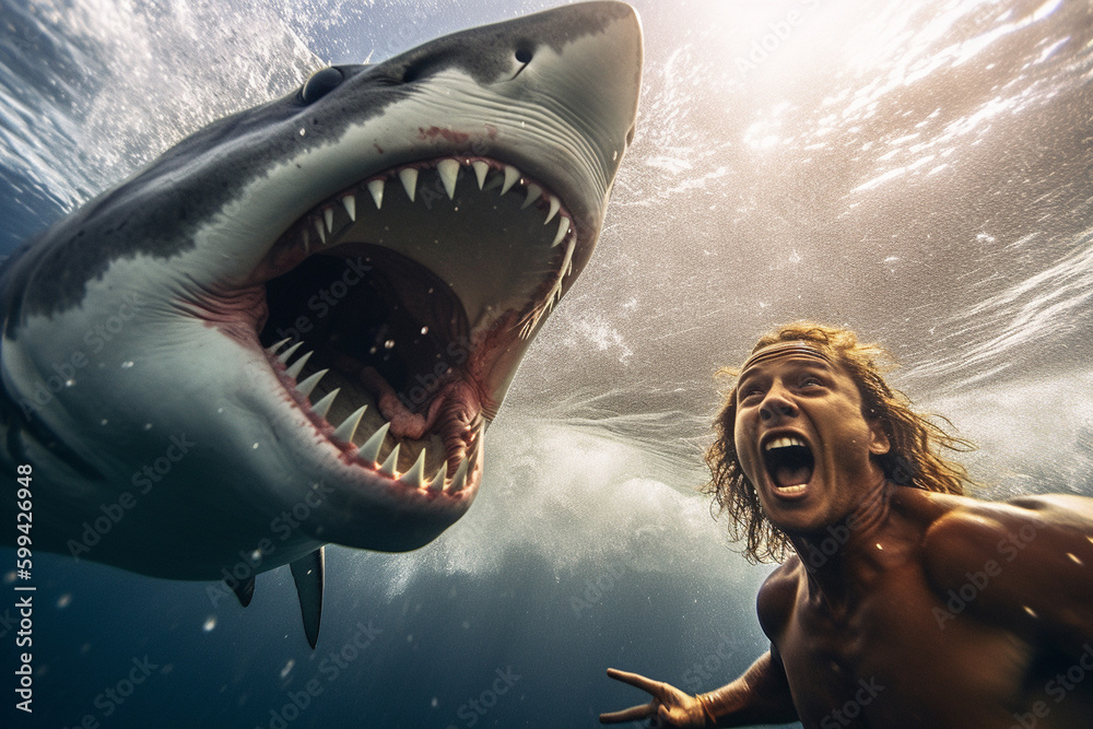 Scared Shark scared shocked diver and an adult great shark with a large mouth and ...