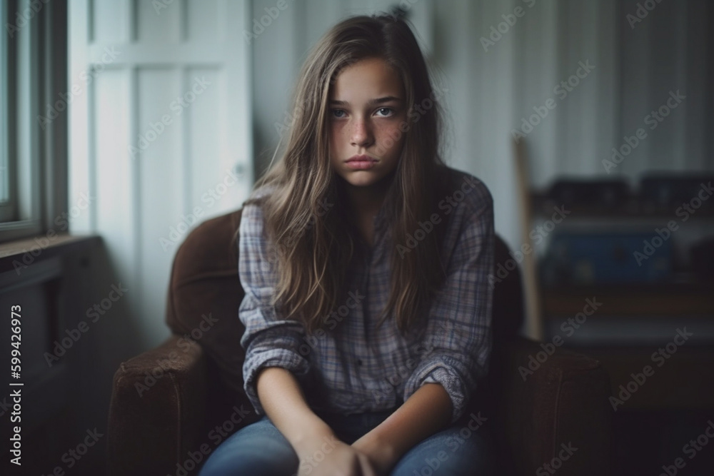 sad or depressed young girl, teenager girl looks tired or annoyed. Generative AI sad or depressed young girl, teenager girl looks tired or annoyed. Generative AI