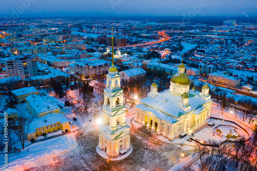 Winter view from a drone in the evening at the Spassky Cathedral in Penza, Russia.