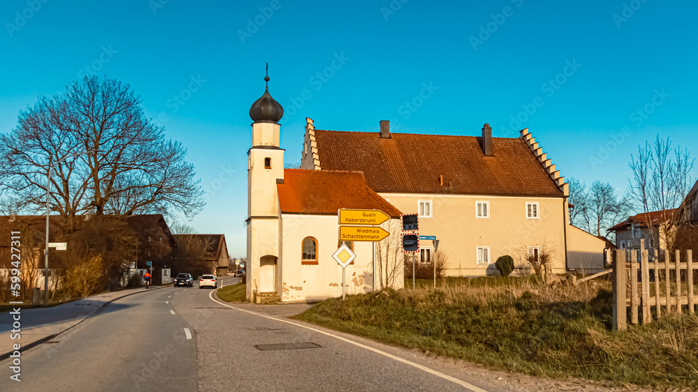 Chapel on a sunny winter day at Mariakirchen, Arnstorf, Rottal-Inn, Bavaria, Germany