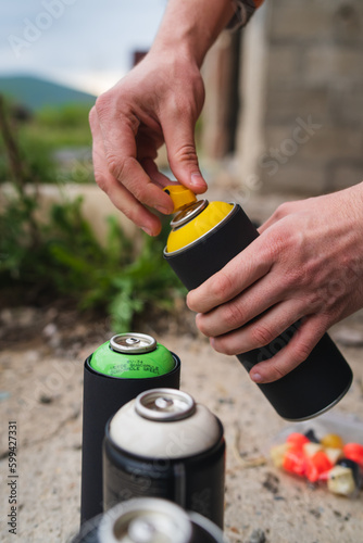 Close up of spray cans for drawing graffiti 