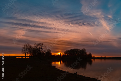 Sunset with reflections near Mettenufer  Danube  Bavaria  Germany