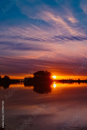 Sunset with reflections near Mettenufer, Danube, Bavaria, Germany