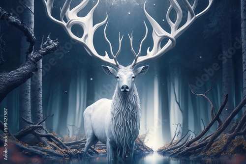 White deer in the forest, fantasy illustration AI