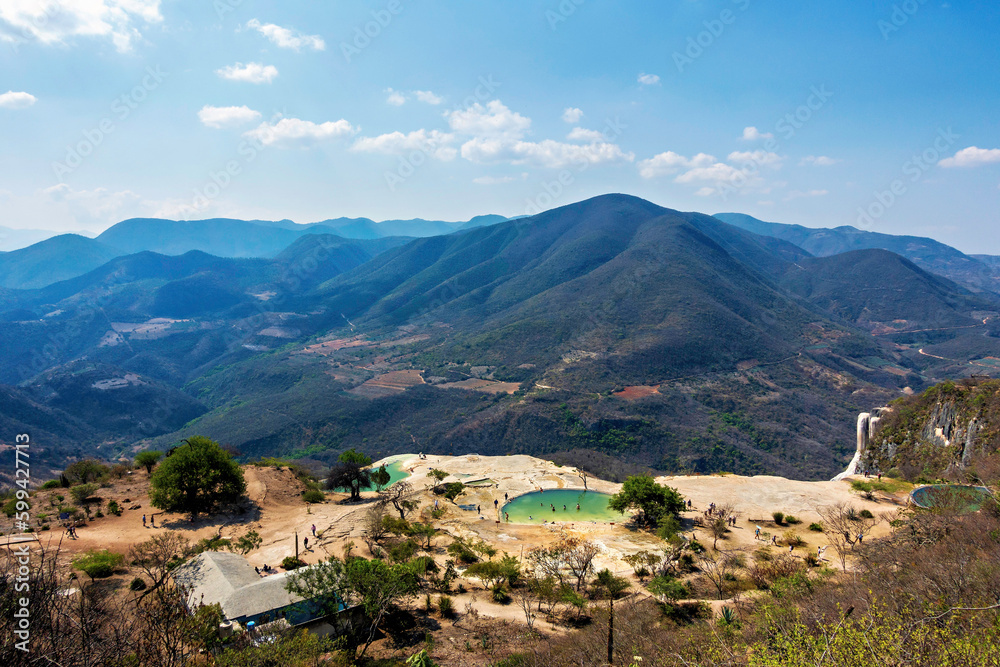 View of mountains, valley, Herve el Agua, Waterfall, 