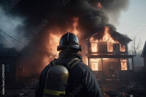 Firefighter in front of a burning house - generative ai