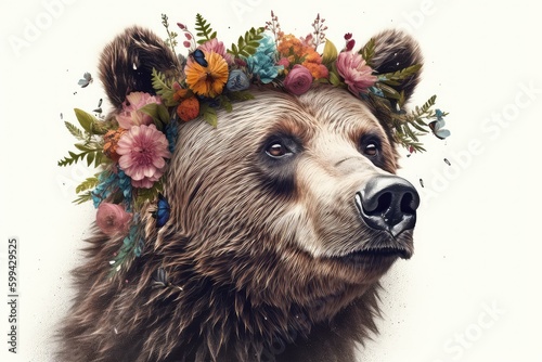 Bear Animal Portrait with Flowers