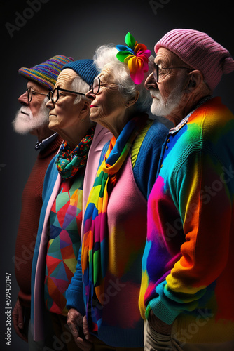 Alten Menschen junge geblieben im Geschmack der Mode, bunte Kleidung für Rentner, ai generativ