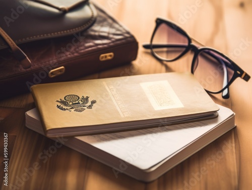A passport, plane ticket, and sunglasses on a wooden table
