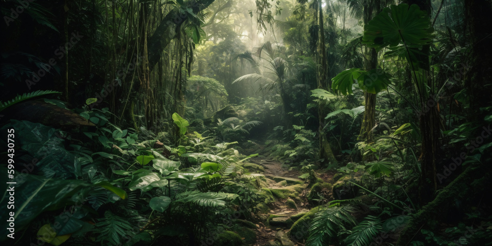 Dense mysterious jungle, rainforest in the sun, tropics full of greenery. Created using Generative AI technology. - obrazy, fototapety, plakaty 