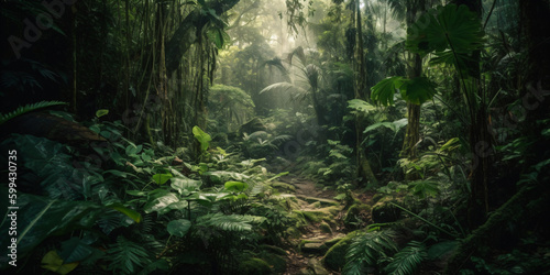 Obraz na plátně Dense mysterious jungle, rainforest in the sun, tropics full of greenery