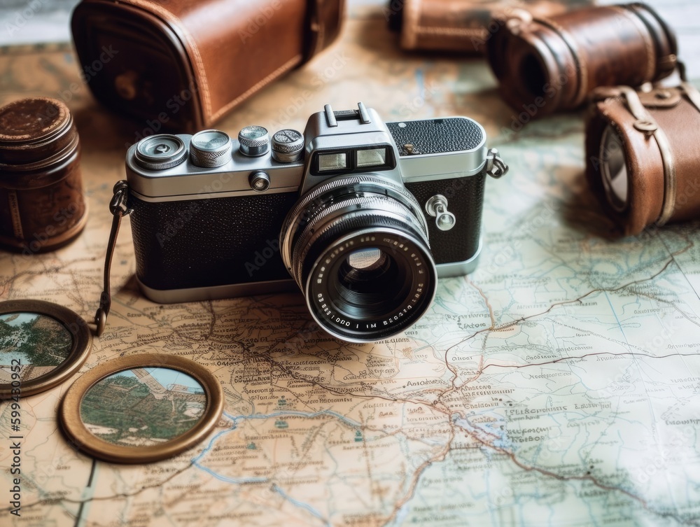 A vintage camera and film rolls sitting on a map