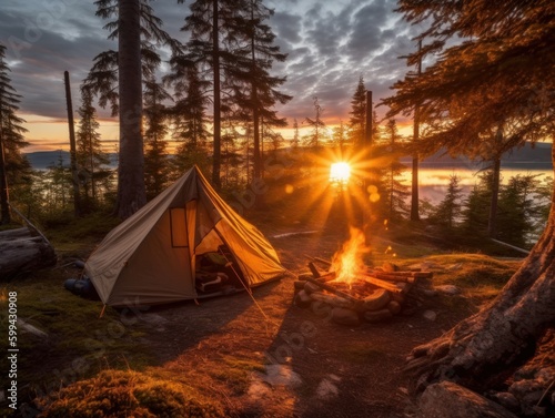 A tent and campfire in the wilderness at dusk