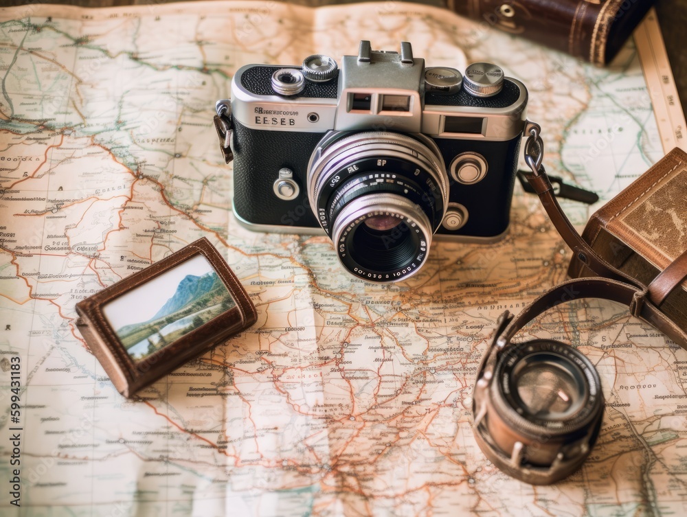 A vintage camera and film rolls sitting on a map