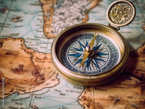 A close-up of a compass with a map in the background