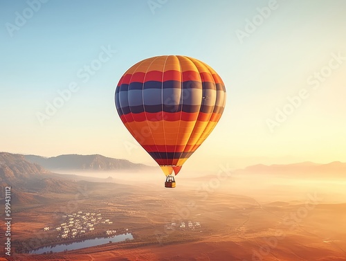 A hot air balloon floating in the sky at sunrise