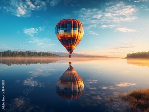 A hot air balloon floating in the sky at sunrise