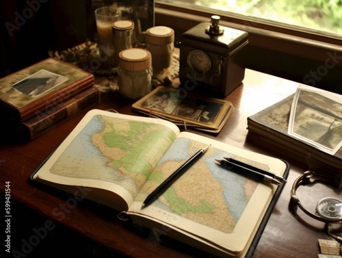 A traveler's journal with handwritten notes and postcards © Suplim