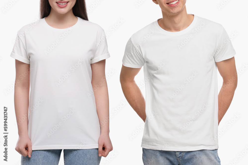 People wearing casual t-shirts on white background, closeup. Mockup for design - obrazy, fototapety, plakaty 