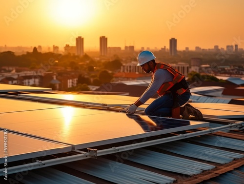 person with solar panels on a rooftop