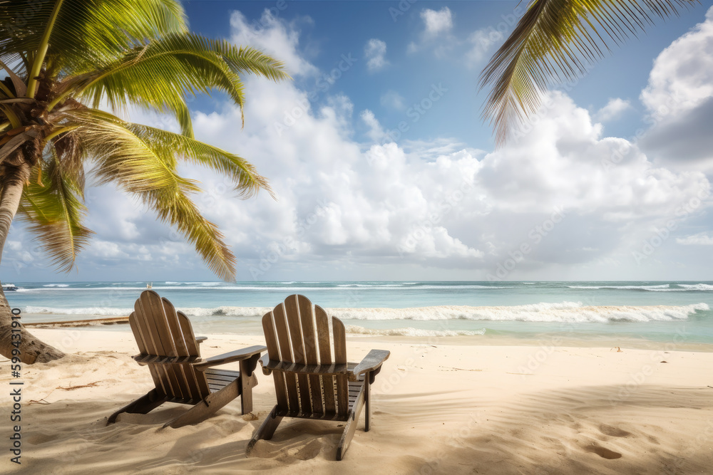 Relaxing Beach Scene with Palms and Beach Chairs, generative ai