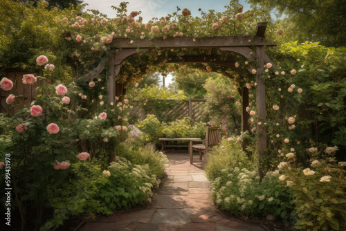 Romantic Garden with Rose Bushes and a Rustic Arbor, generative ai
