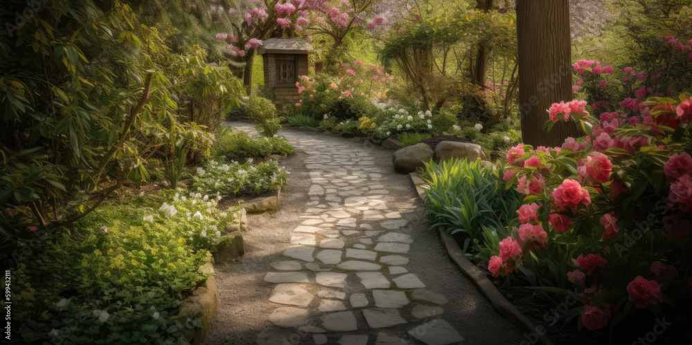 Serene Garden Path with Blossoming Flowers and Shaded Trees, generative ai Serene Garden Path with Blossoming Flowers and Shaded Trees, generative ai