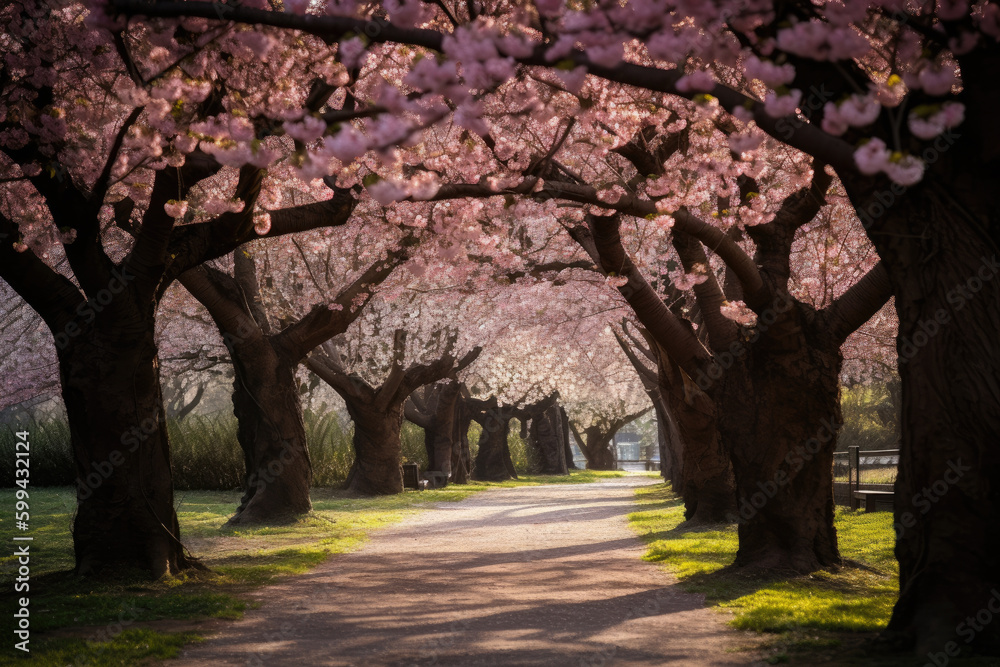Serene Grove of Cherry Blossom Trees in a Blossoming Park, generative ai Serene Grove of Cherry Blossom Trees in a Blossoming Park, generative ai