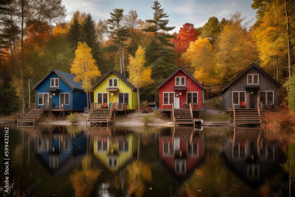 Serene Lakeside Retreat with a Row of Vibrant Cabins, generative ai