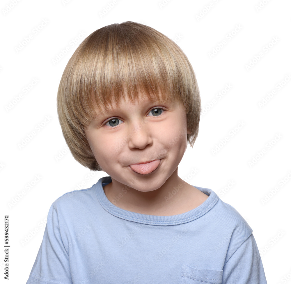 Cute little boy showing his tongue on white background Cute little boy showing his tongue on white background