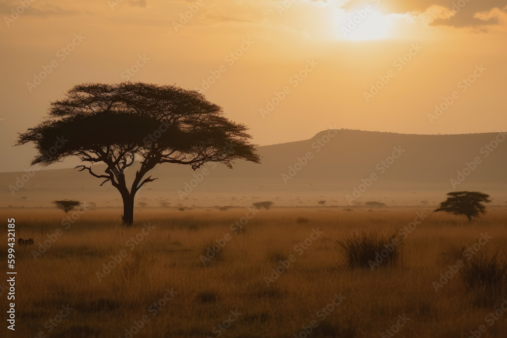 Serene Morning Scene in the African Savannah with a Lone Acacia Tree, generative ai