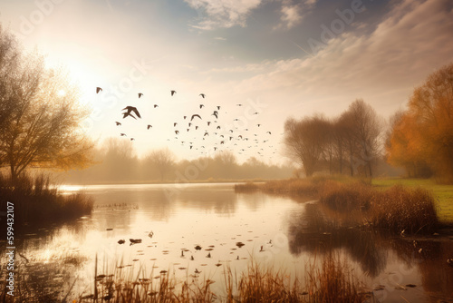 serene and quiet countryside setting with a group of geese soaring in the sky over a calm and shimmering lake, generative ai