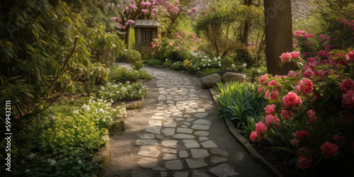 Serene Garden Path with Blossoming Flowers and Shaded Trees  generative ai