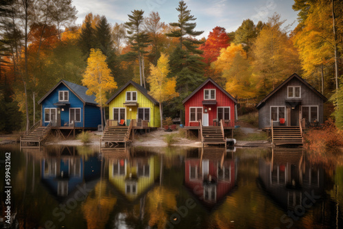 Serene Lakeside Retreat with a Row of Vibrant Cabins, generative ai