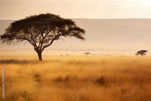 Serene Morning Scene in the African Savannah with a Lone Acacia Tree, generative ai