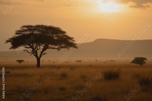 Serene Morning Scene in the African Savannah with a Lone Acacia Tree, generative ai