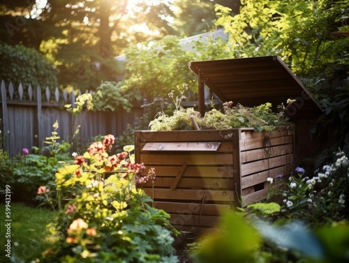 A compost bin in a backyard