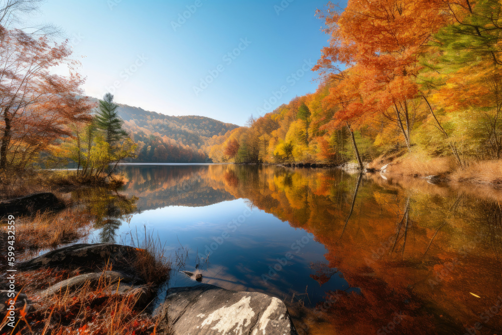 stunning autumn landscape with a lake surrounded by mountains, trees with leaves in shades of orange, yellow, and red, and a clear blue sky, generative ai