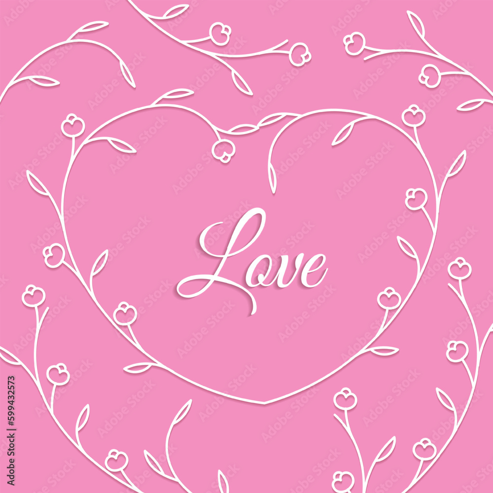 White and pink heart vector outline illustration with flowers and leaves.