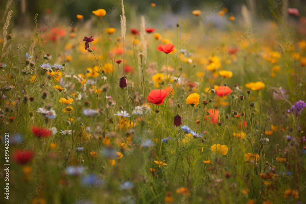 Symphony of Wildflowers Colorful Meadow with Flowers Dancing in the Breeze, generative ai