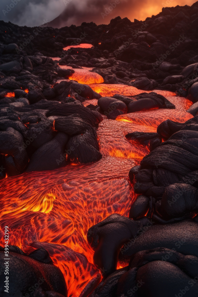 Fototapeta premium The Fierce Beauty of a Volcanic Wonderland Majestic View of Red-Hot Lava Flowing Through Black Rocks, generative ai