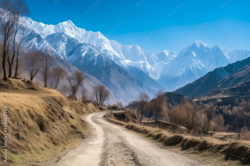 The Majestic Mountain Range winding road slicing through snow-capped peaks with a clear blue sky in the background, leading to a remote village nestled in the valley, generative ai