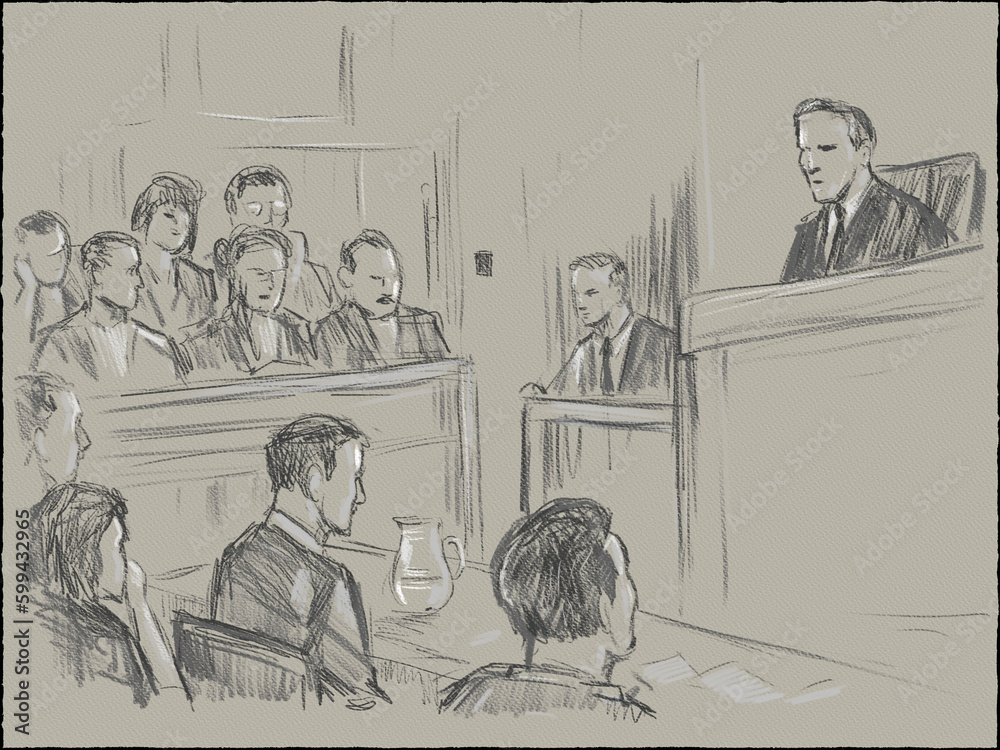 Pastel pencil pen and ink sketch illustration of a courtroom trial