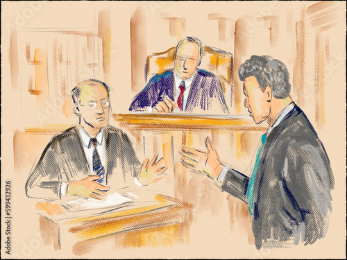Pastel pencil pen and ink sketch illustration of a courtroom trial setting with judge, lawyer, defendant, plaintiff, witness and jury on a court case drama in judiciary court of law and justice. (ID: 599432926)
