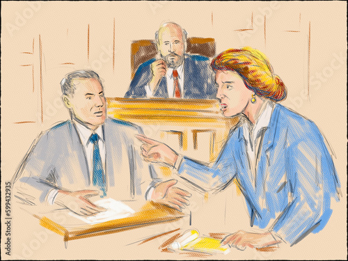 Pastel pencil pen and ink sketch illustration of a courtroom trial setting with judge, lawyer, defendant, plaintiff, witness and jury on a court case drama in judiciary court of law and justice. (ID: 599432935)