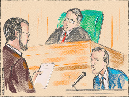 Pastel pencil pen and ink sketch illustration of a courtroom trial setting with judge, lawyer, defendant, plaintiff, witness and jury on a court case drama in judiciary court of law and justice. (ID: 599432940)