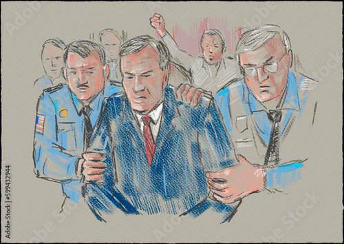 Pastel pencil pen and ink sketch illustration of a defendant being led out of courtroom trial by police officer. (ID: 599432944)